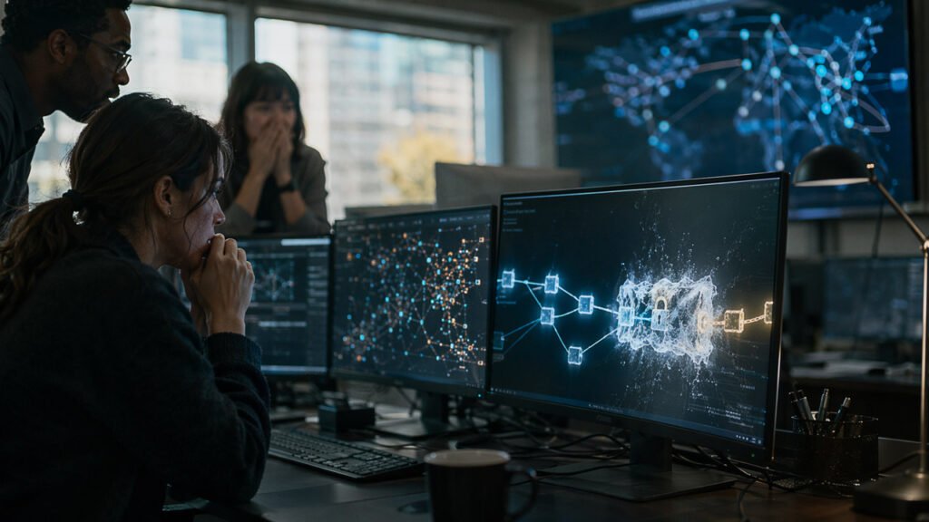 Security team monitors blockchain flows on large screens as a digital lock blocks stolen funds, reflecting crypto’s shift from censorship resistance to emergency intervention after hackers struck
