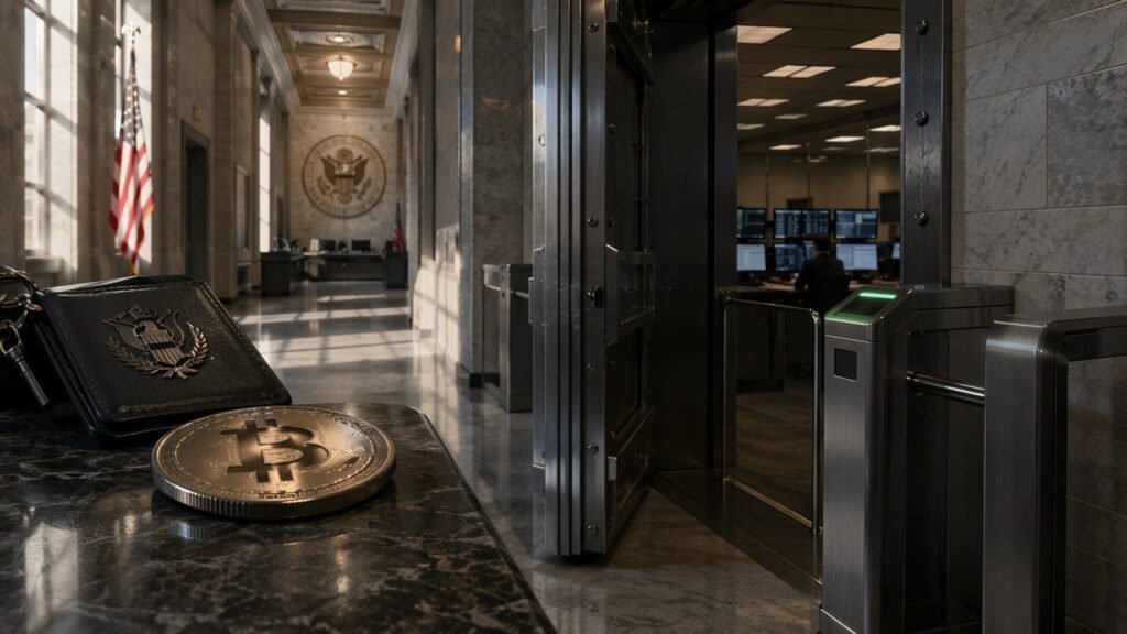 Congressional hearing room with U.S. documents and a dollar coin in the foreground as a woman pays by phone, symbolizing stablecoins becoming easier to use while Bitcoin still awaits regulatory clarity